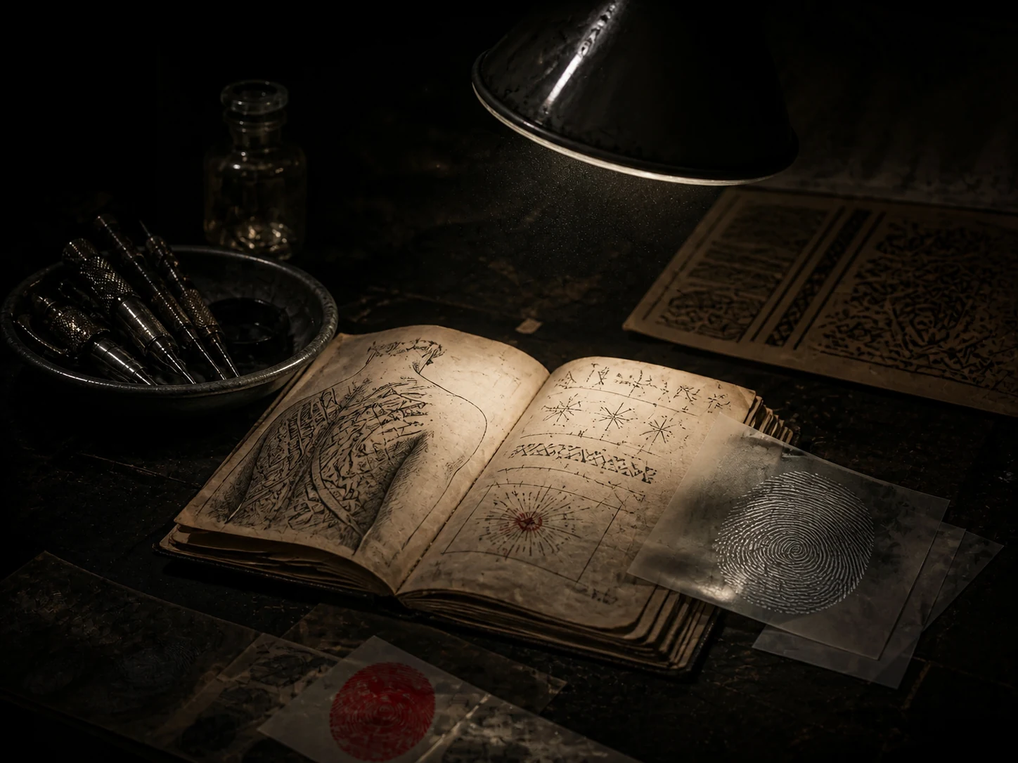 Strumenti storici, quaderno d’archivio e impronte su un tavolo d’indagine